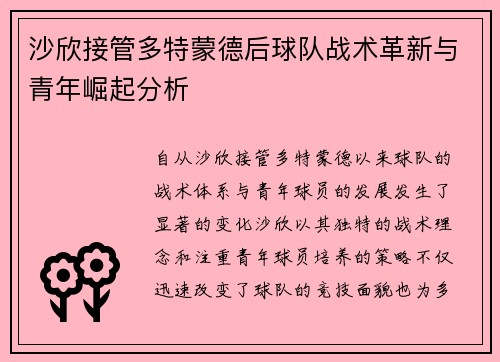 沙欣接管多特蒙德后球队战术革新与青年崛起分析