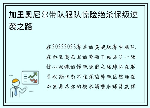 加里奥尼尔带队狼队惊险绝杀保级逆袭之路